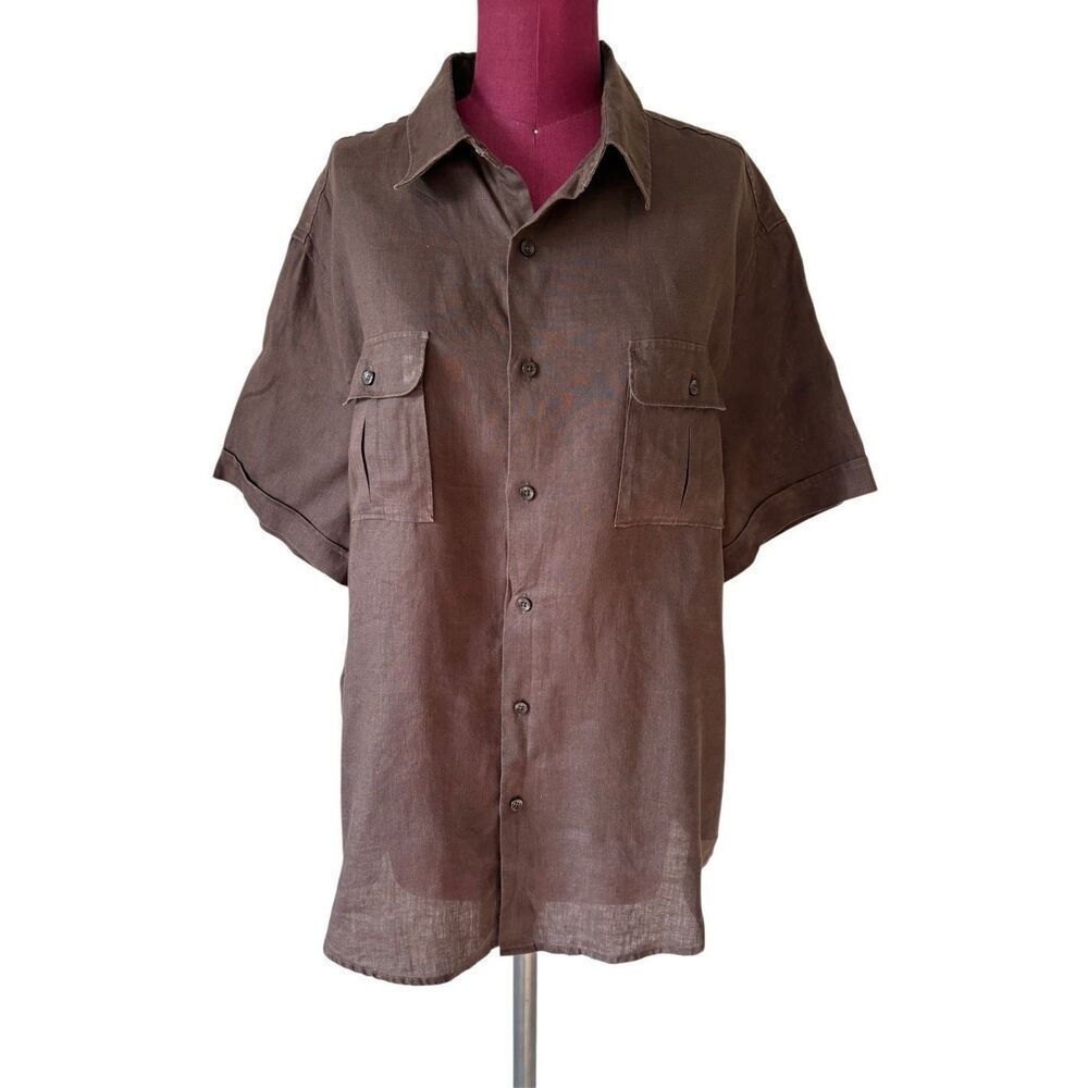 Perry Ellis Linen Button Down Shirt size‎ XL Brown Unisex